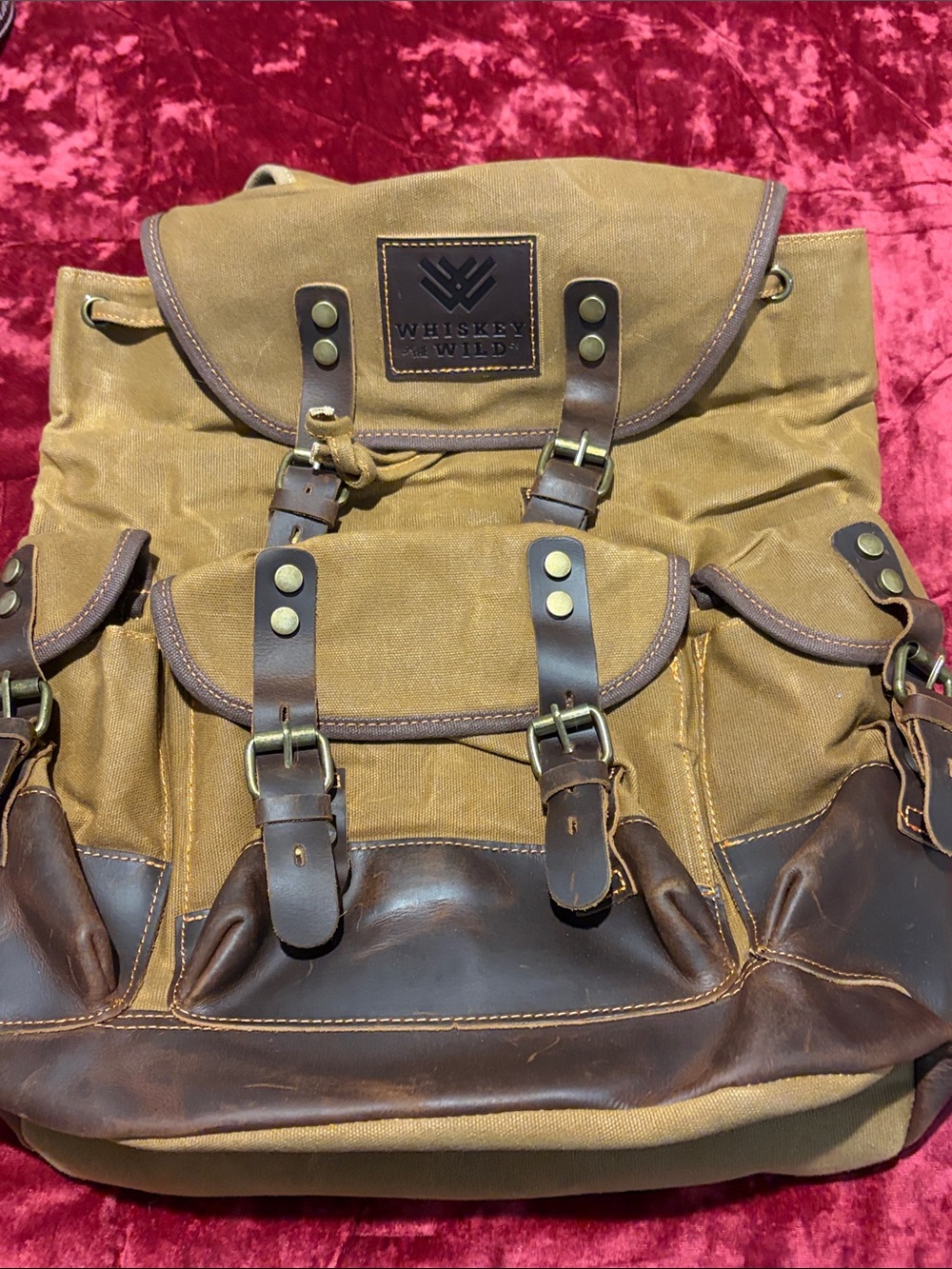 Whiskey in the Wild Canvas and Brown Leather Backpack
